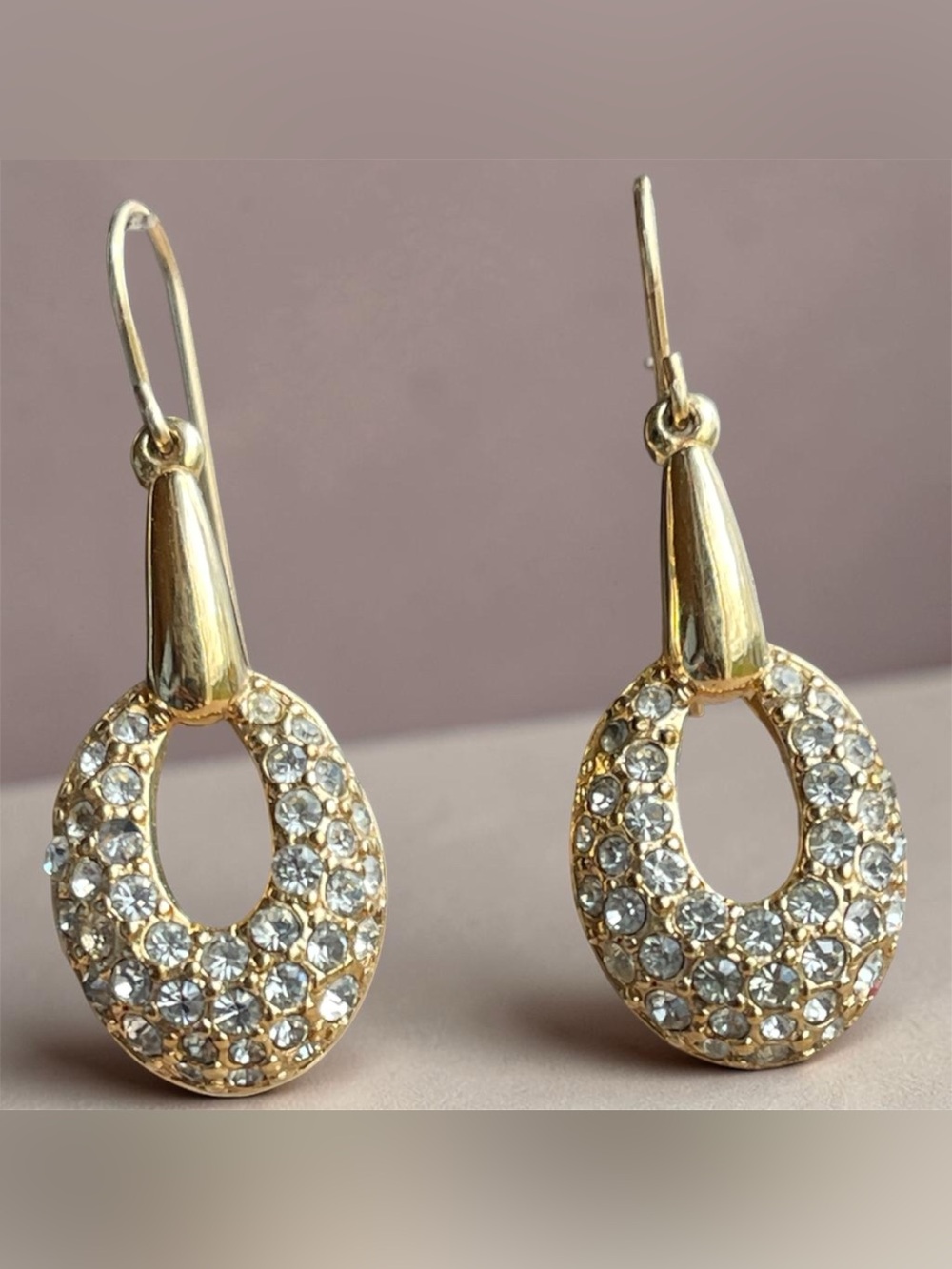 Swarovski Swan Signed Gold Tone Pave Crystal Drop Earrings Oval Dangle